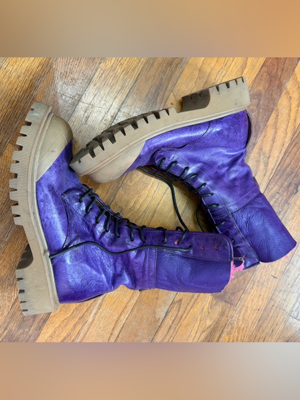 AS 98 Purple Pink Lace Up Sherpa Zipper Motorcycle Boots